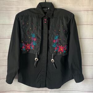 Vintage Frontier Series Black Western Shirt Colorful Floral Embroidery Detail